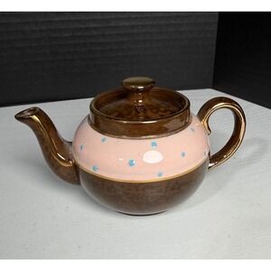 Vintage Sadler England Brown Pink Polka Dot Mini Ceramic Teapot Gold Trim Accent